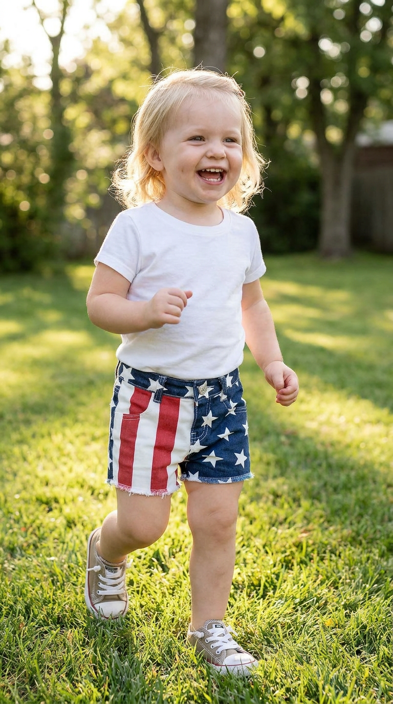 Girls American Flag 4th of July Jean Shorts | Red White Blue Stars Stripes Denim Shorts Kids 6-12M–14/16