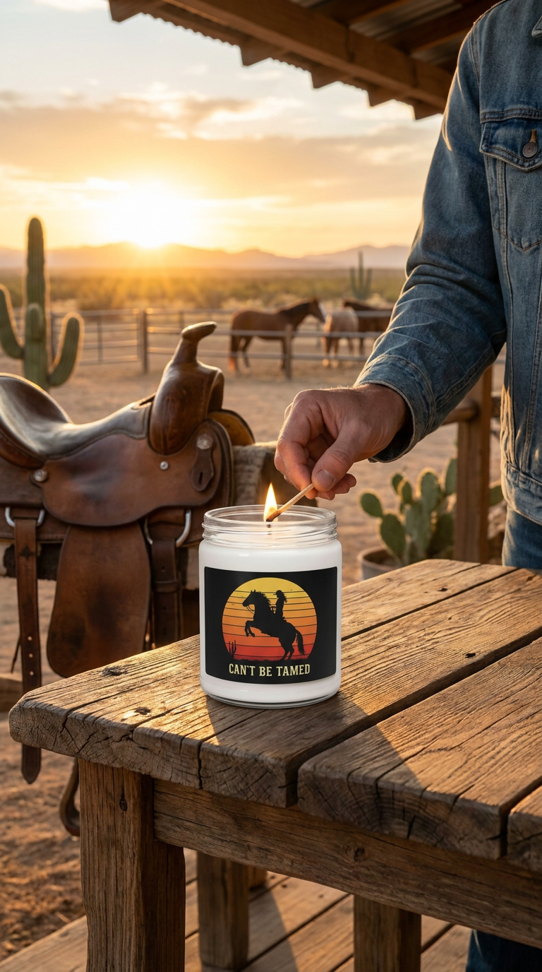 Can't Be Tamed Cowgirl Candle, Western Home Decor, Gift for Horse Lovers, 9oz Soy Candle, Cowgirl on Rearing Horse, Scented Candle