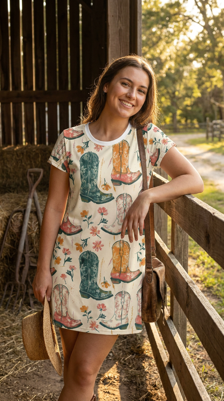 Floral Cowgirl Boots T-Shirt Dress - Western Boho Summer Casual Boot Print Dress for Women