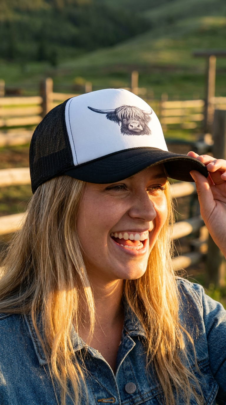 Embroidered Highland Cow Trucker Hat: Western Farm Animal Cap