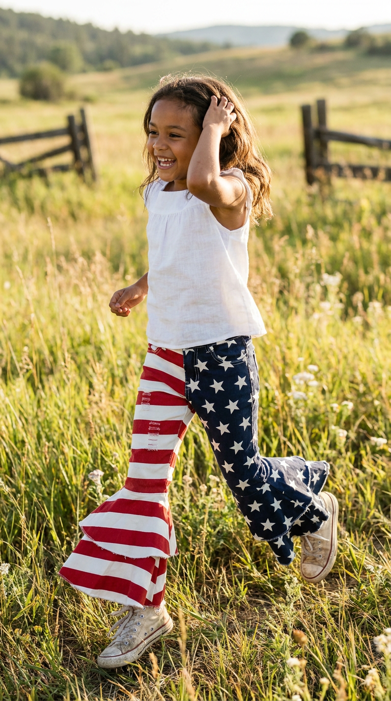 Girls 4th of July Bell Bottom Jeans | American Flag USA Star Stripe Pants | Patriotic Clothing