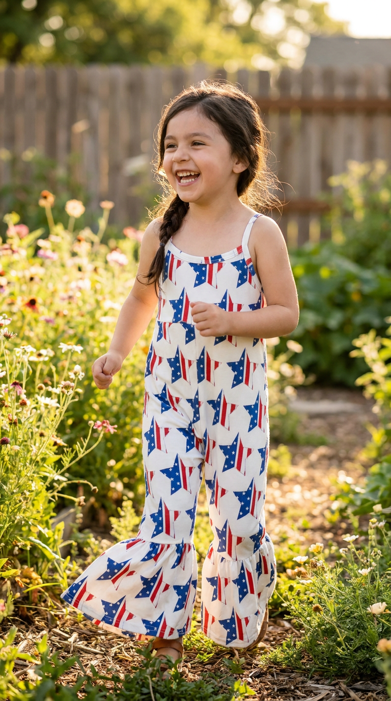 Girls 4th of July Outfit, Patriotic Star Bell Bottom Jumpsuit