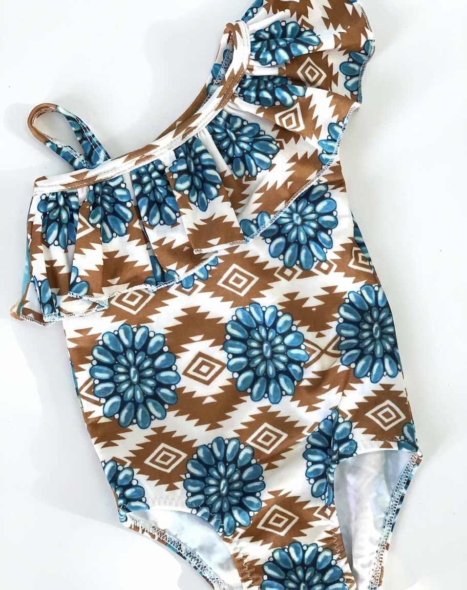 Girls Western Swimsuit • Aztec One‑Piece • Cowgirl Bathing Suit for Kids