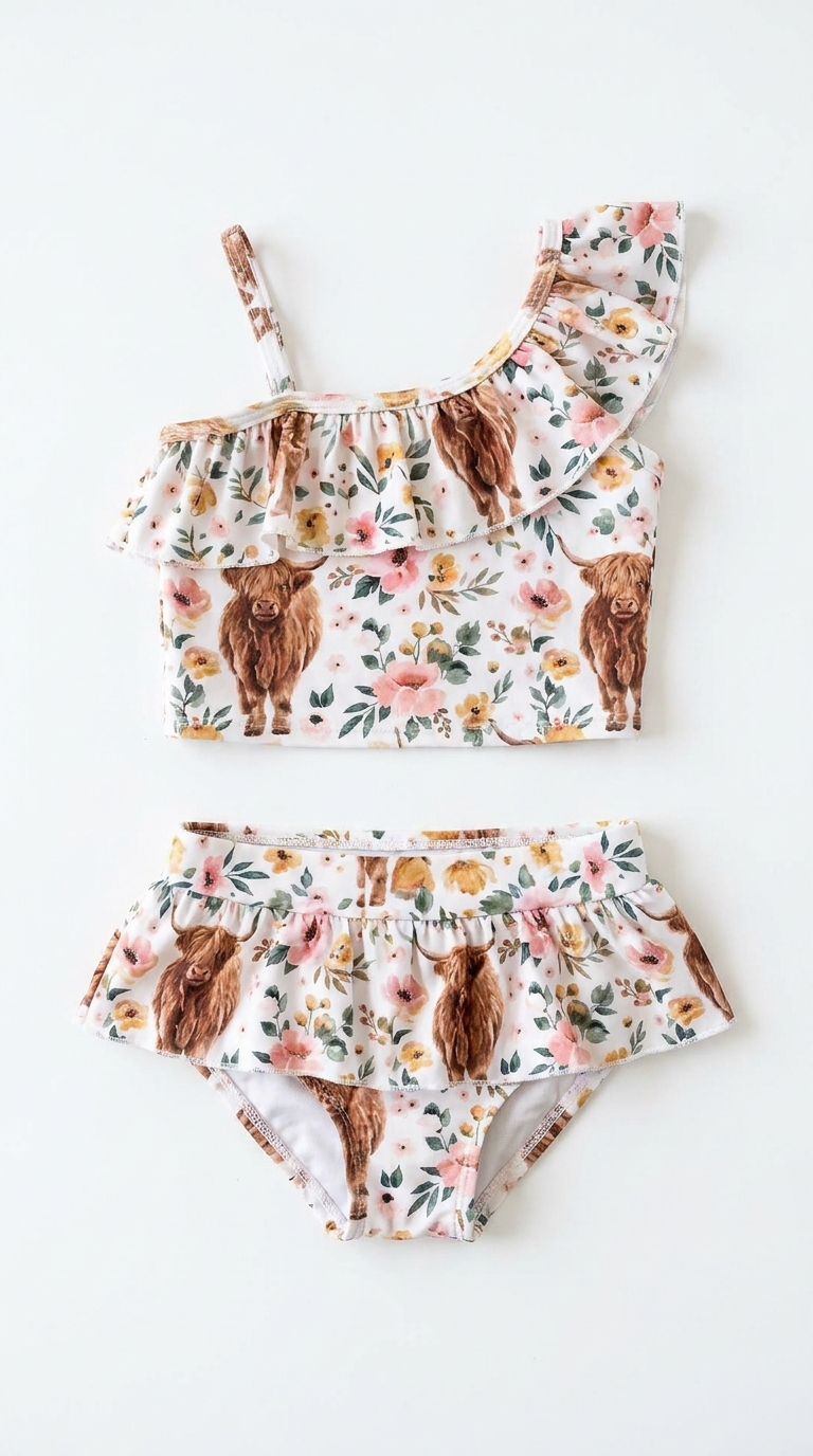 Highland Cow Swimsuit for Girls | Floral Skirted Tankini | Western Cowgirl Bathing Suit