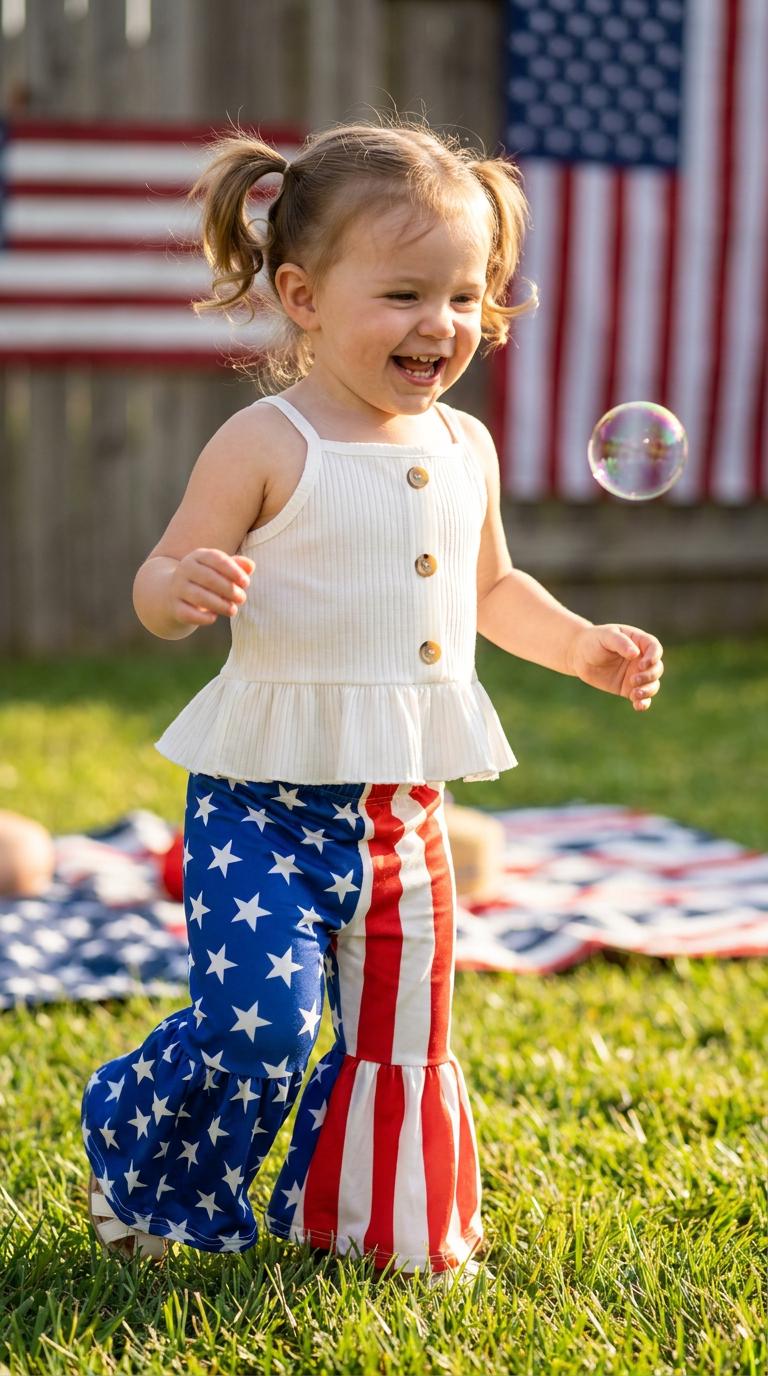 Toddler Girls 4th of July Bell Bottom Outfit, American Flag Bell Bottoms, Patriotic Girls Outfit, Red White Blue Outfit