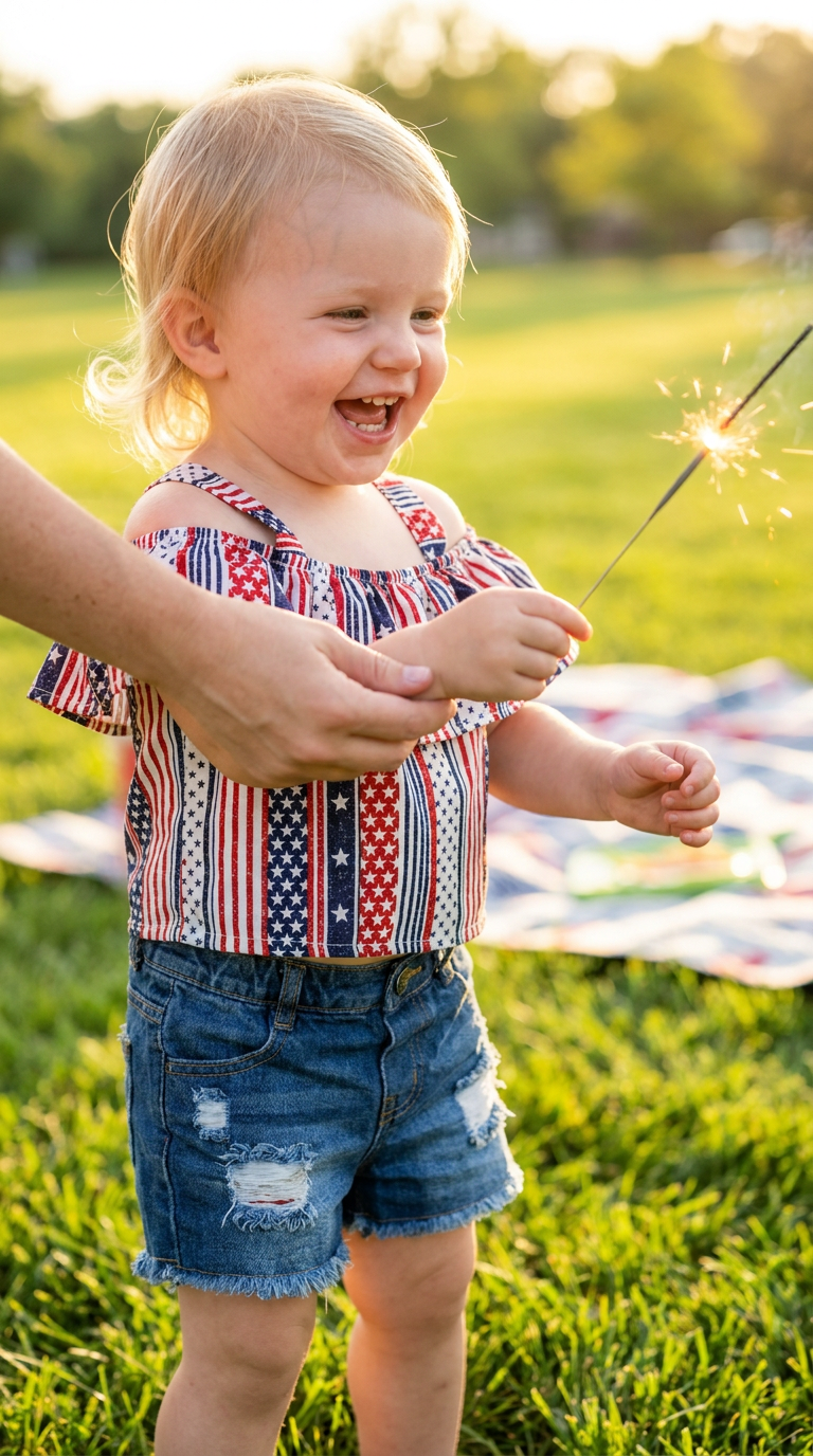 Toddler Patriotic Outfit, 4th of July Ruffle Top and Denim Shorts Set, Red White Blue Outfit