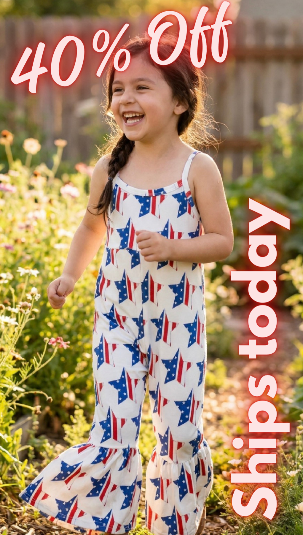 Girls Patriotic Star Bell Bottom Romper, Red White Blue 4th of July Jumpsuit Outfit