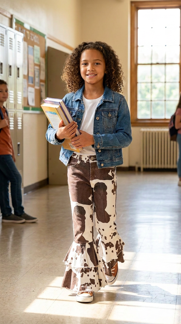 Girls Cowprint Bell Bottom Jeans, Western Cowgirl Jeans, Adjustable Waist, Toddler Girls