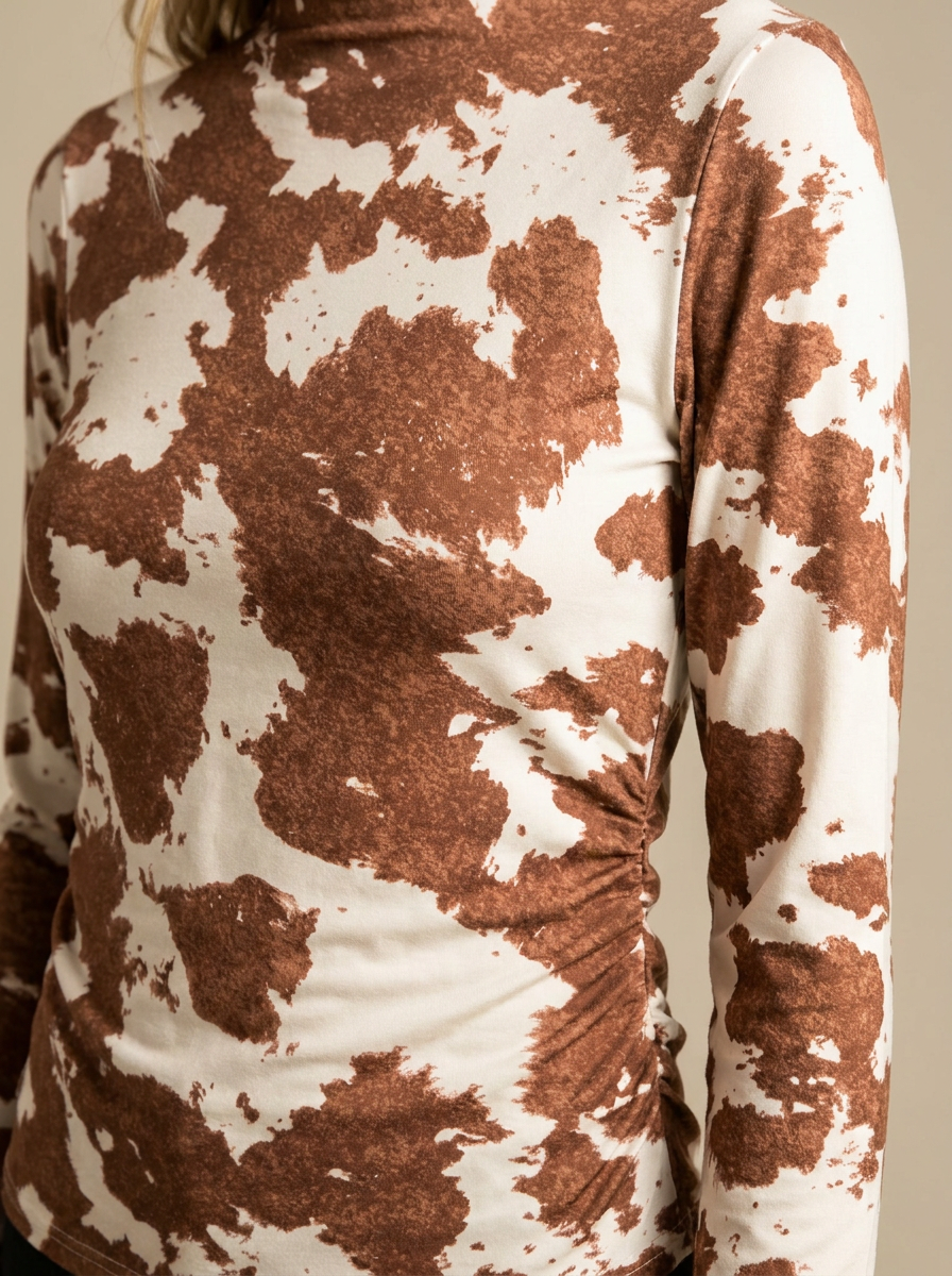 Womens Brown Cow Print Mock Neck Top, Western Long Sleeve Shirt