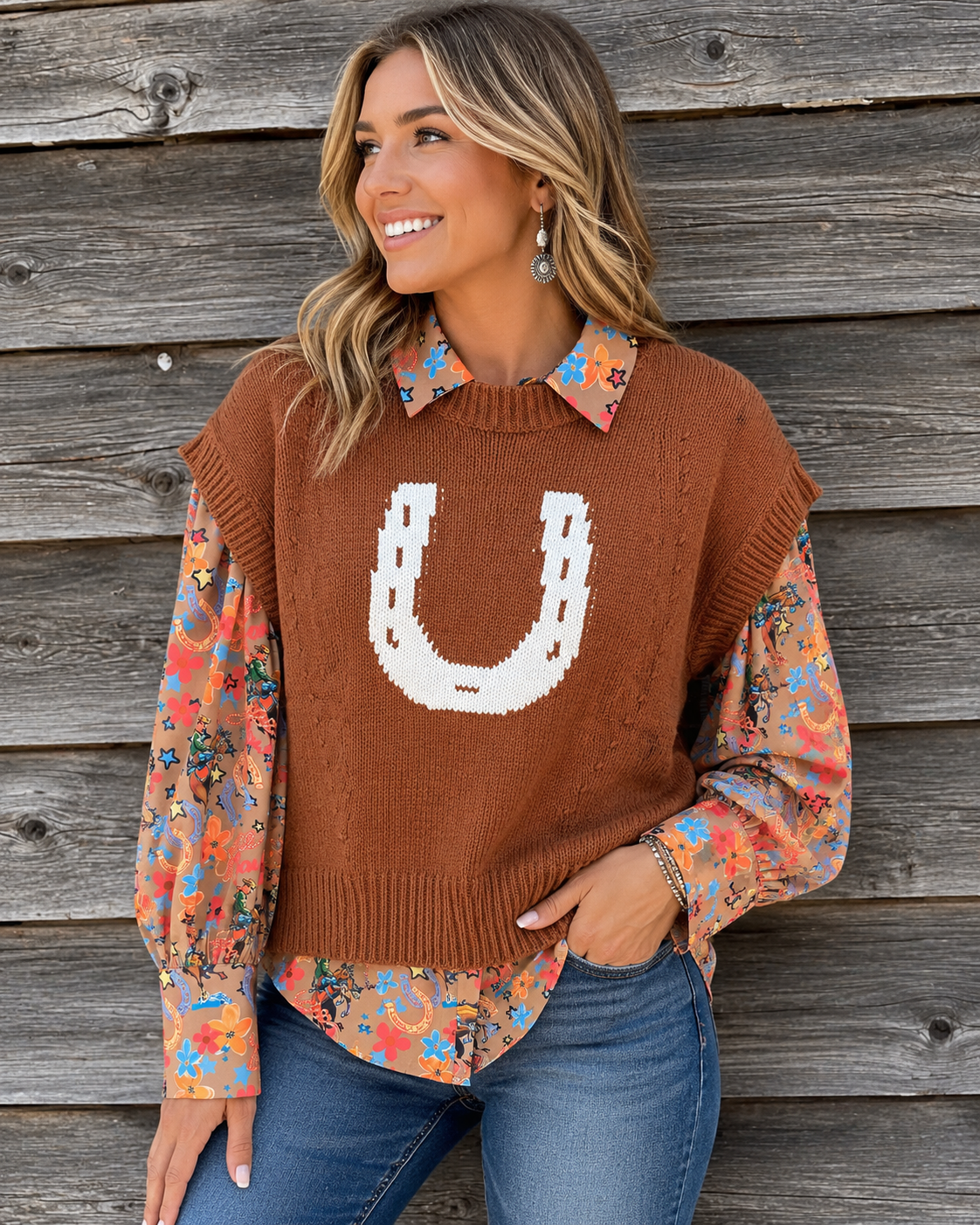 Womens Brown Horseshoe Short Sleeve Sweater, Western Cap Sleeve Knit Top