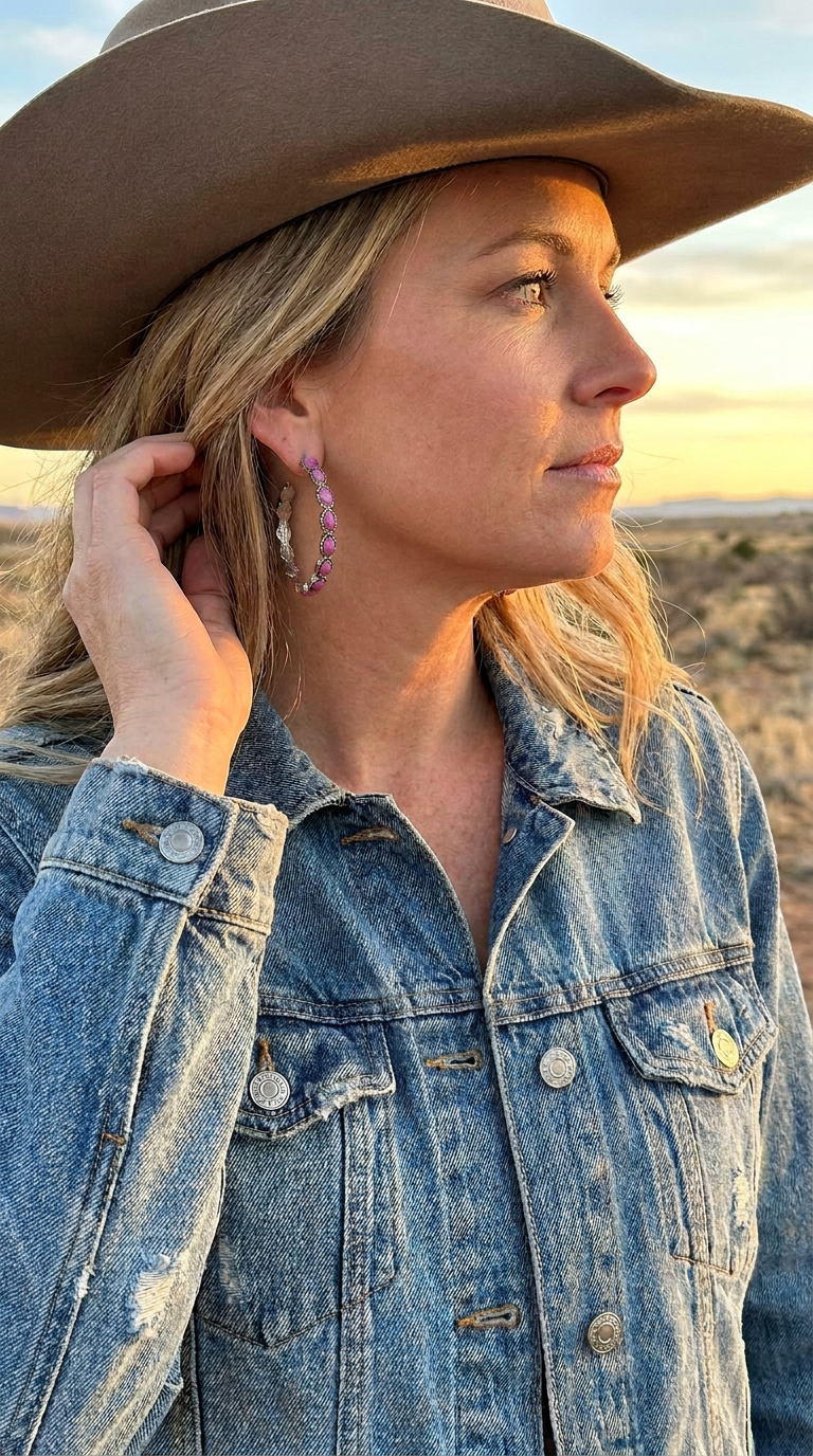 Pink Stone Hoop Earrings, Burnished Silver Western Cowgirl Jewelry