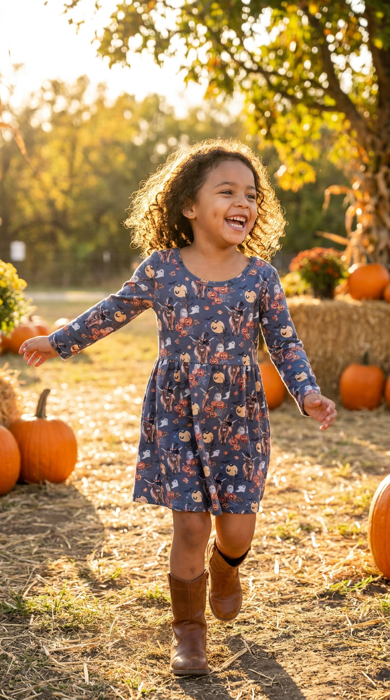 Girls Highland Cow Halloween Dress, Western Pumpkin Outfit, Toddler Fall Dress