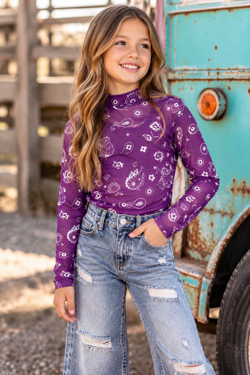 Girls Purple Bandana Print Mesh Top