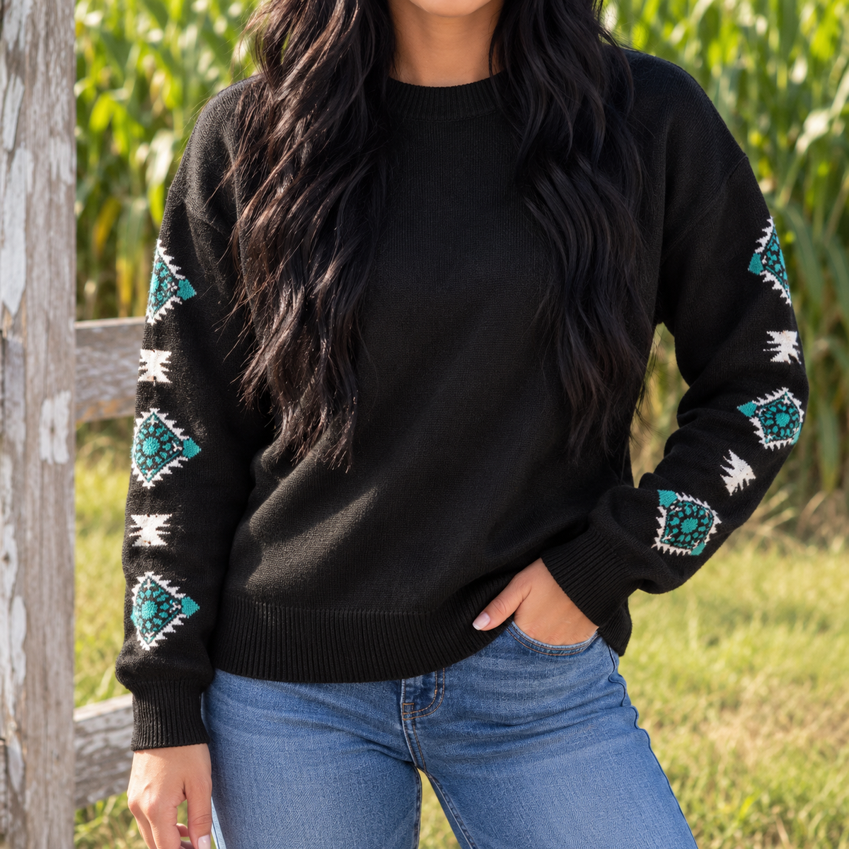 Women’s Black Western Sweater with Turquoise Concho Sleeves