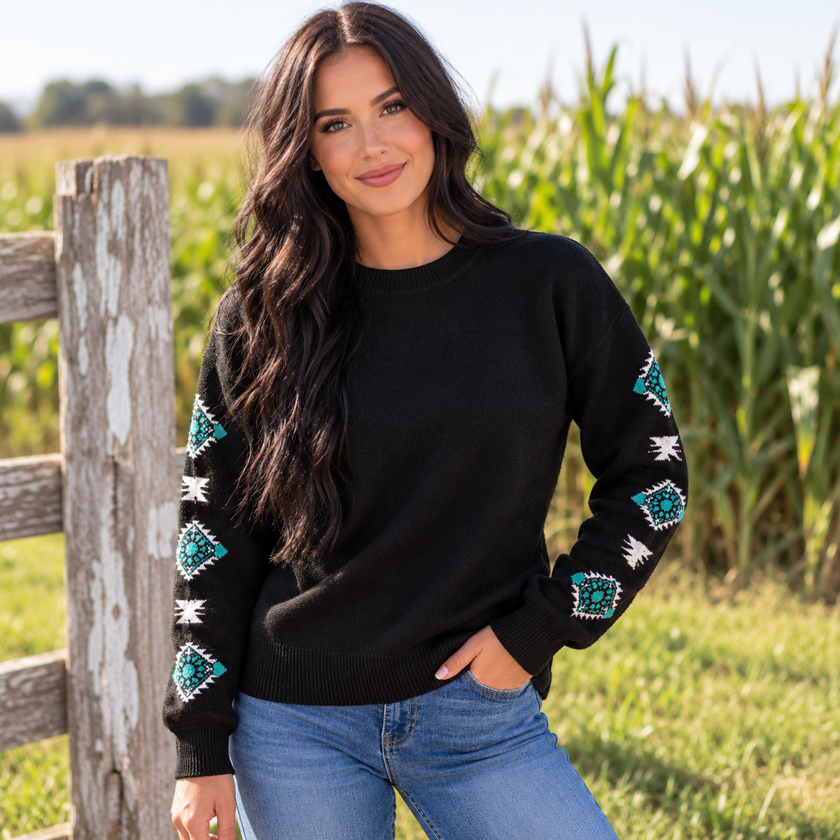 Women’s Black Western Sweater with Turquoise Concho Sleeves