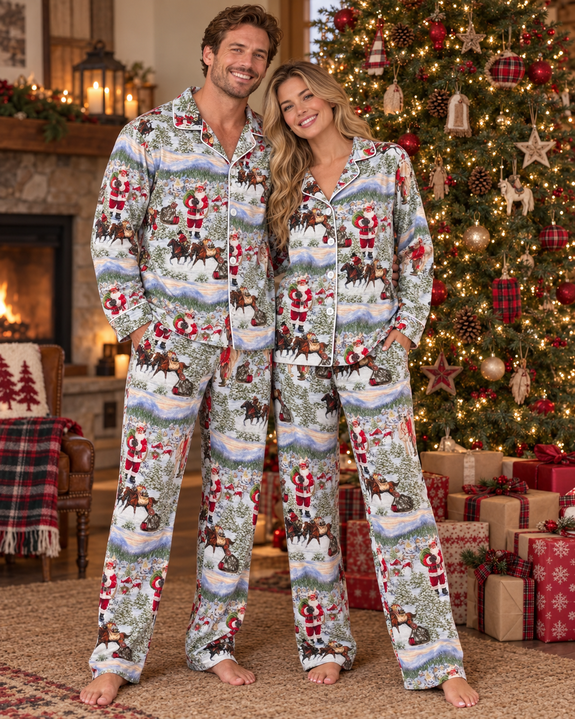 Adult Cowboy Santa Button Down Christmas Pajamas, Matching Western Family PJs