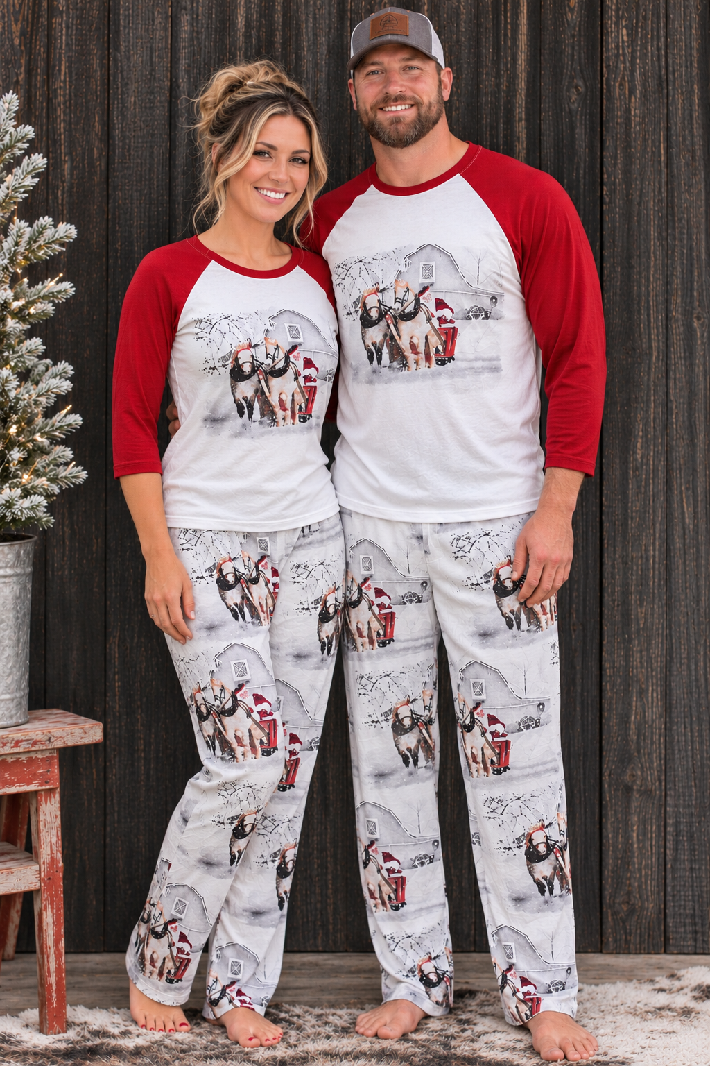 Western Christmas Sleigh Ride Pajamas, Adult Cowboy Santa PJs, Matching Family Holiday PJs