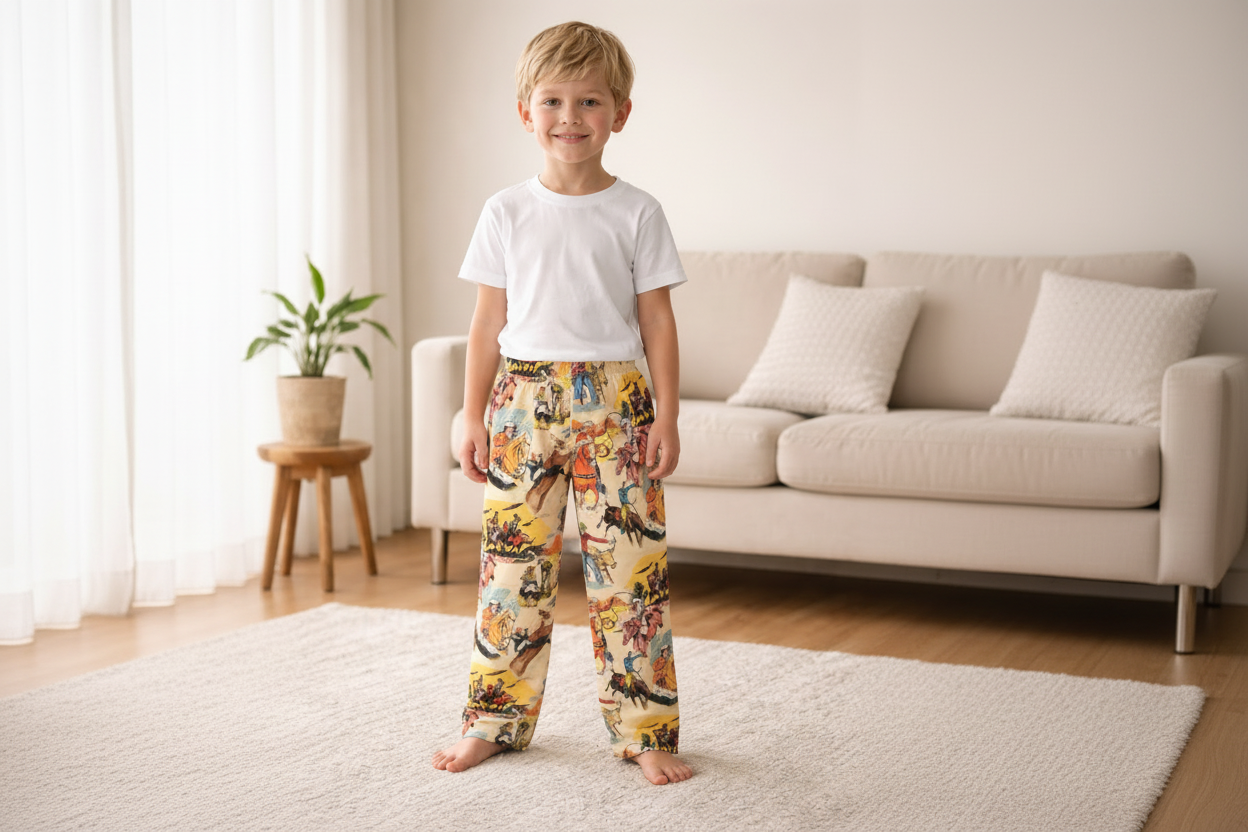 Child wearing colorful COWBOY pajama pants in a living room setting