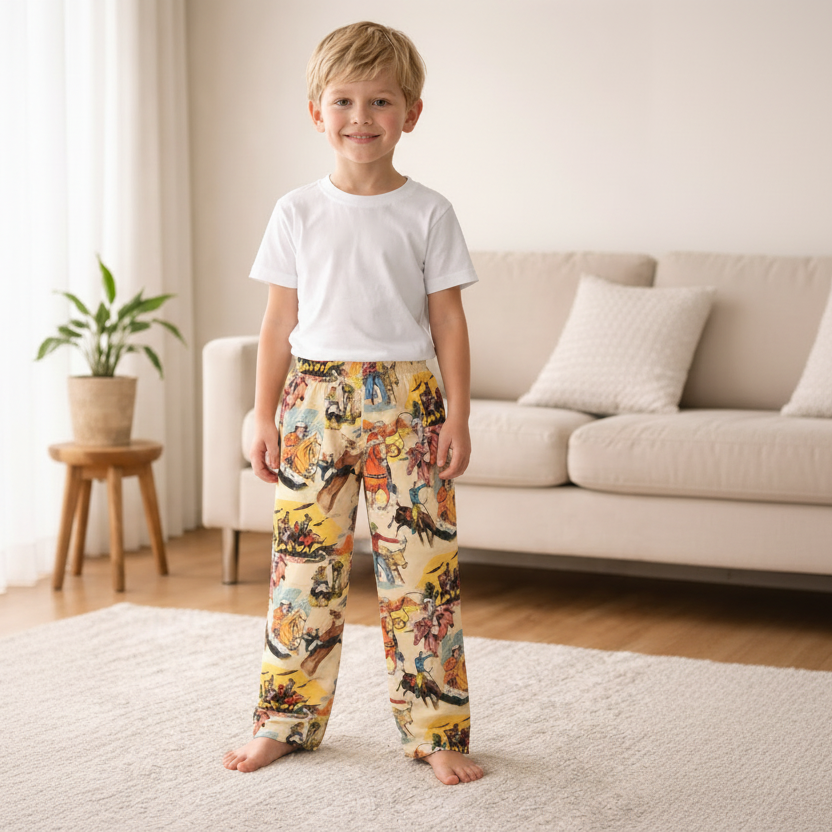 Child wearing colorful COWBOY pajama pants in a living room setting