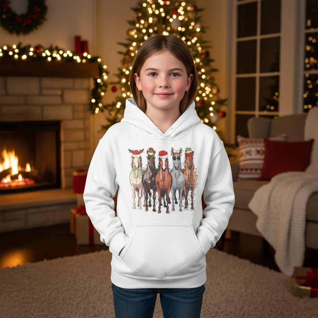 Kids Holiday Horse Hoodie, Festive Western Christmas Sweatshirt, Christmas Horse -Razels