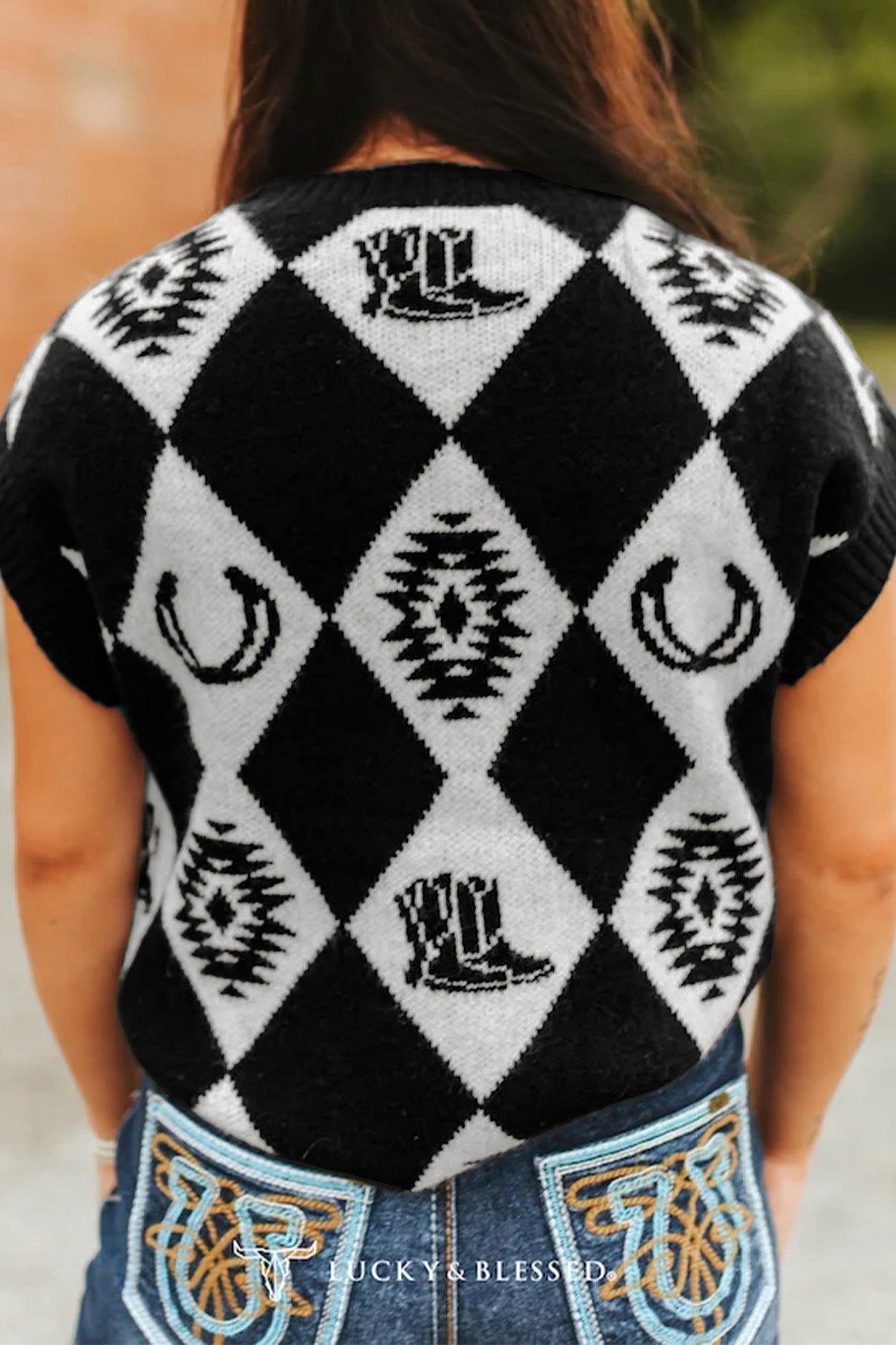 Women’s Black and White Western Argyle Sweater Vest