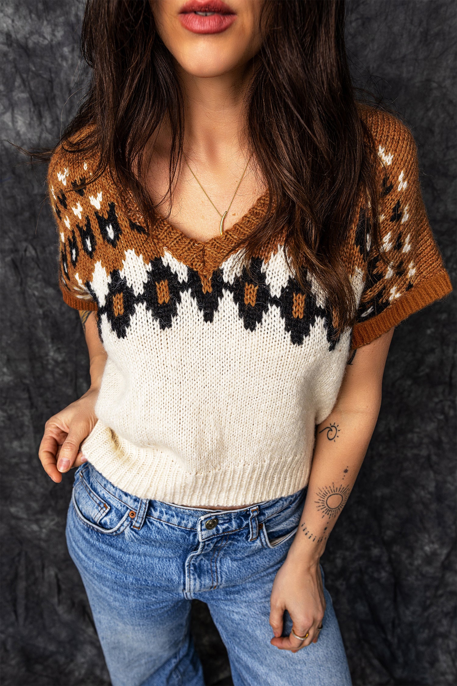 Women’s Brown Southwestern Geometric Short Sleeve Sweater