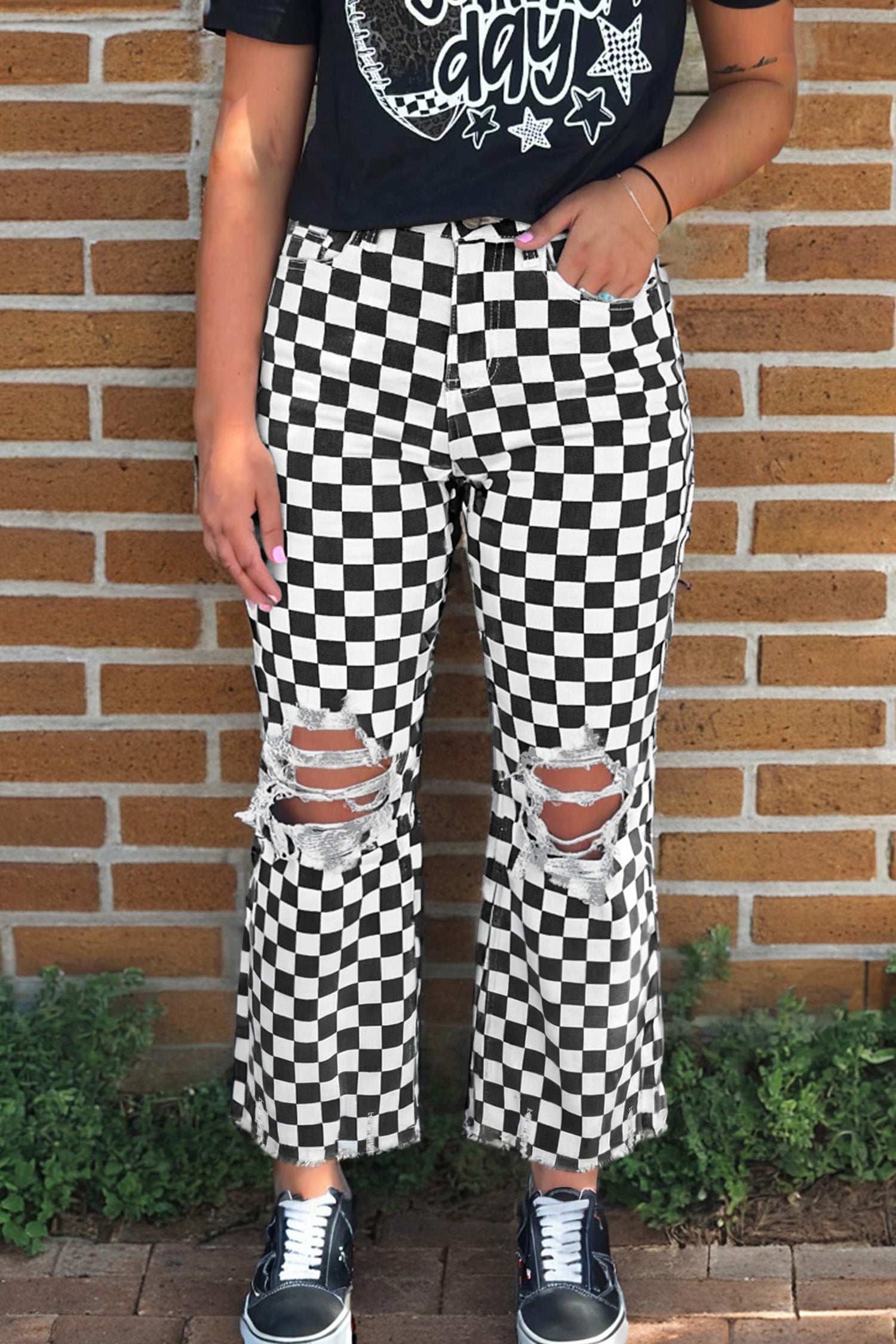 Women’s Black Checkerboard Distressed Cropped Jeans