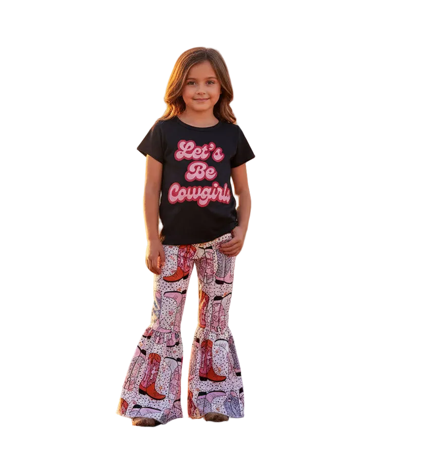 Let’s Be Cowgirls” Bell Bottom Outfit | Girls Western Set | Pink Boot Print Flare Pants