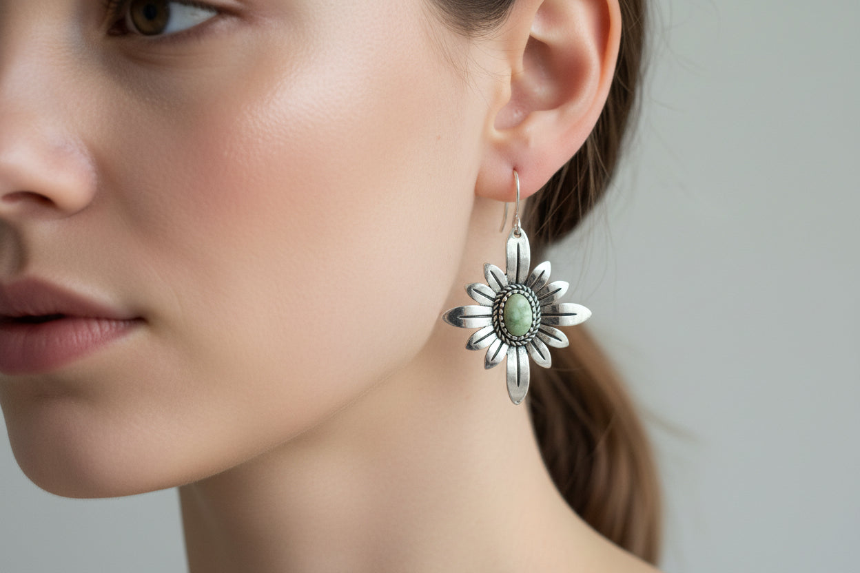 Light Green Earrings | WESTERN FLOWER Earrings | Western Dangle Earrings | Stamped Silver Earring | Cowgirl Earrings Featuring a delicate stamped silver floral design with a light green center stone. Ships FREE with $35+ purchase. Great Western Gift!
