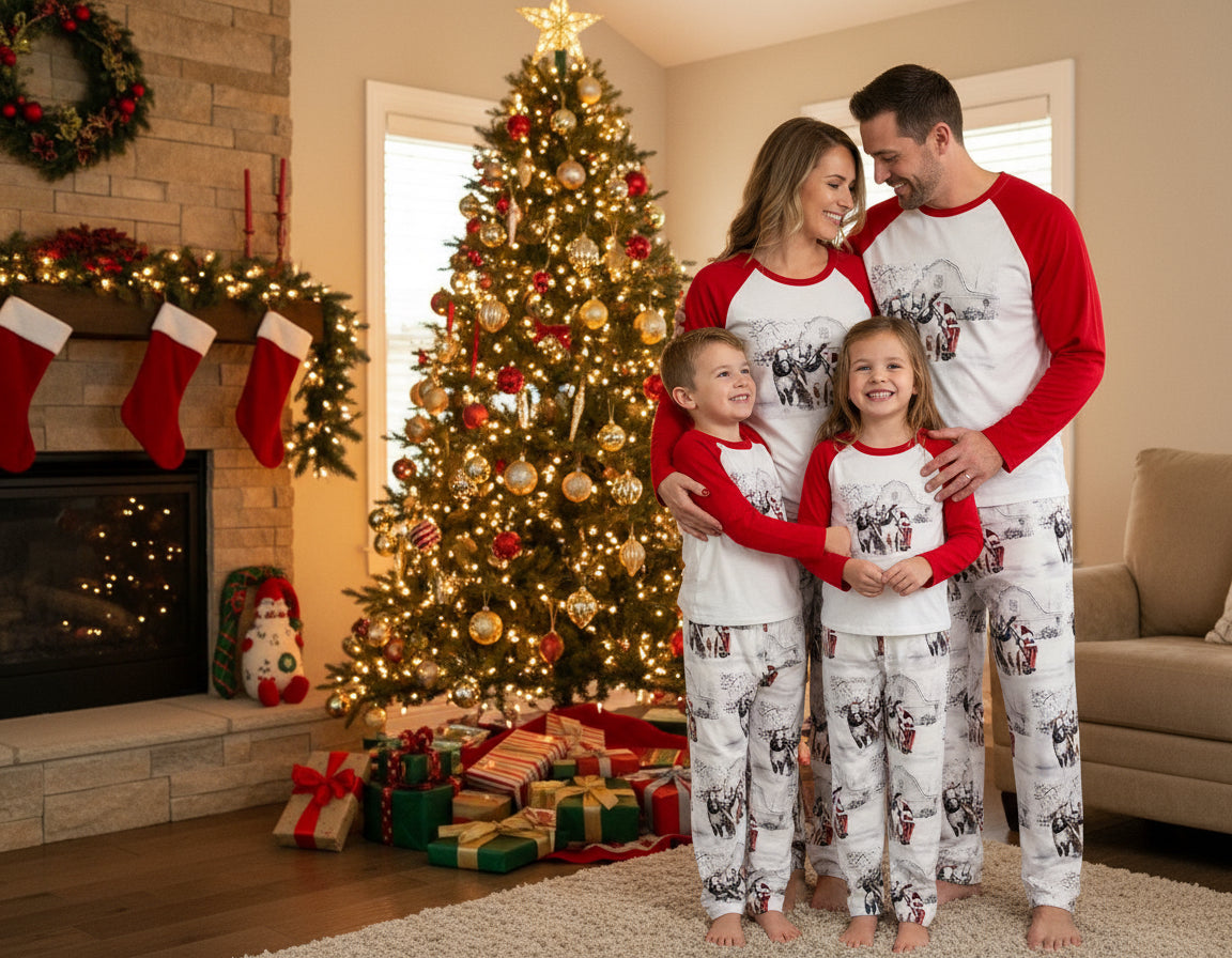 White Christmas pajamas featuring Santa at the reins of his horse-drawn sleigh! The top has red baseball-style sleeves. Comfortable fit, unisex family Christmas pajamas.