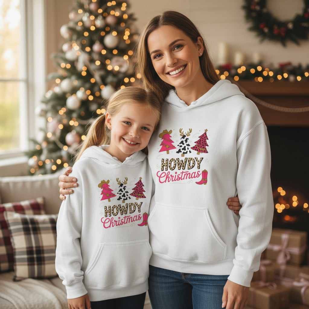 White hoodie with Christmas-themed design and text on a white background