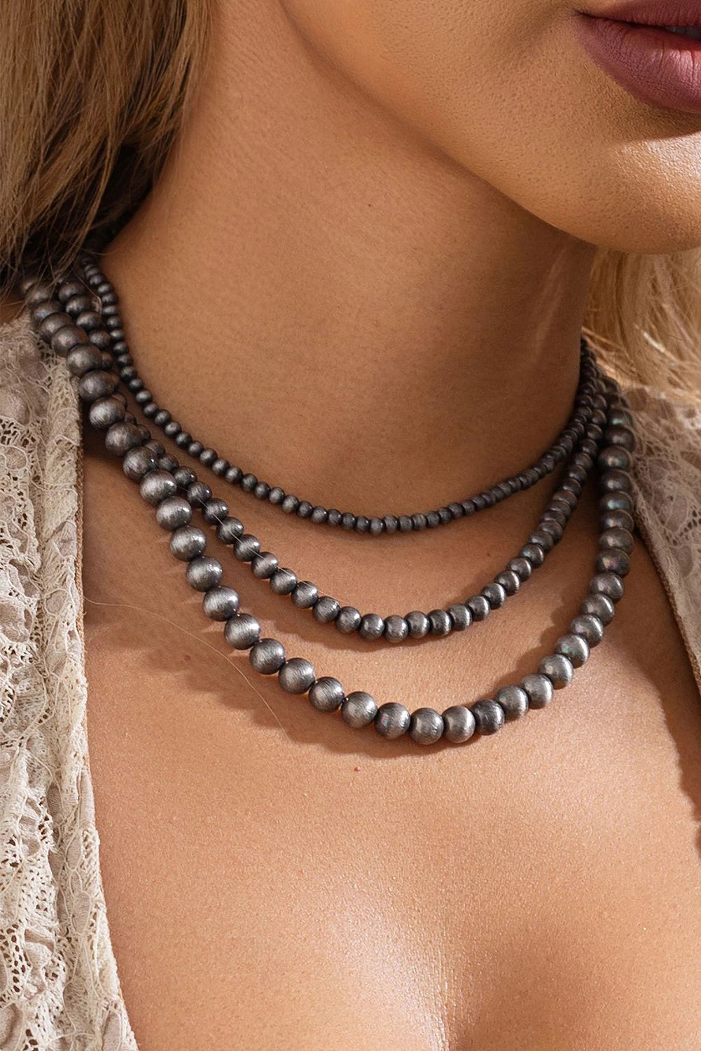 Layered Western Beaded Necklace Set | Cowgirl Jewelry, Silver Bead Necklace