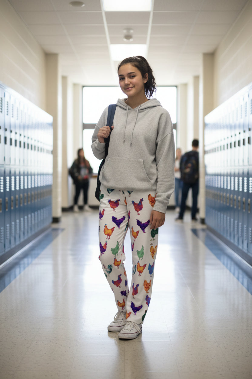 Chicken Pants, Colorful Chicken Jammie Pants, Gift for Chicken Lover, Crazy Chicken Lady Pants -Razels