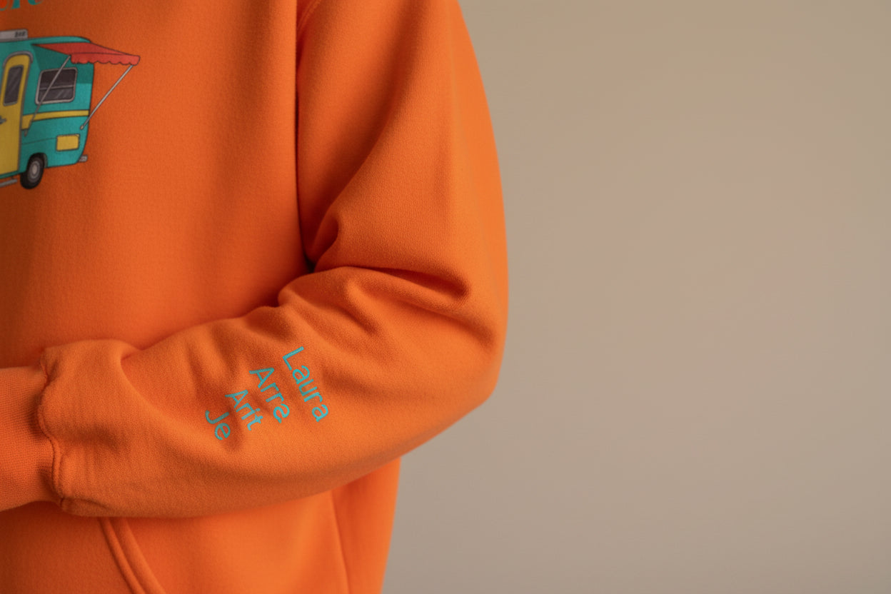 Orange hoodie with a camper graphic and text 'My There Yet?' PERSONALIZED CAMPING HOODIE