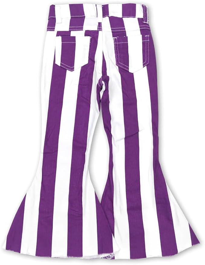 Girls Purple & White Striped Bell Bottom Jeans | Kids Flare Pants
