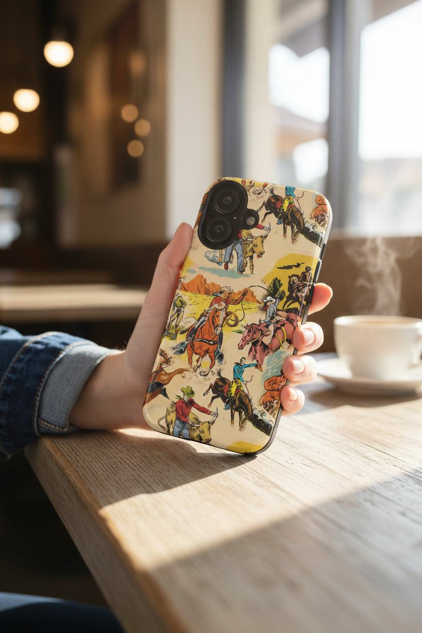 Phone case with vintage-style cowboy and rodeo design on a beige background