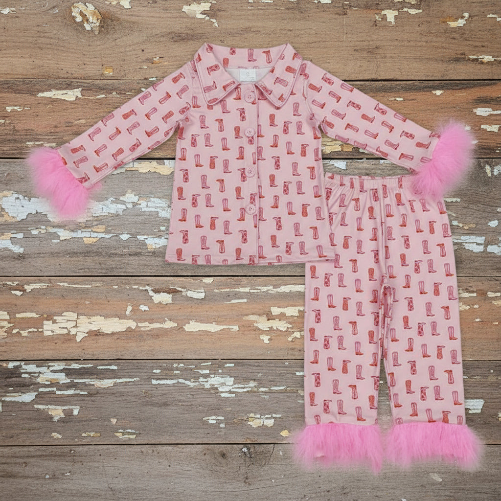 Pink Cowgirl Boot Pajamas with Pink Feather Trim | Girls Western Christmas or Birthday Gift -Razels