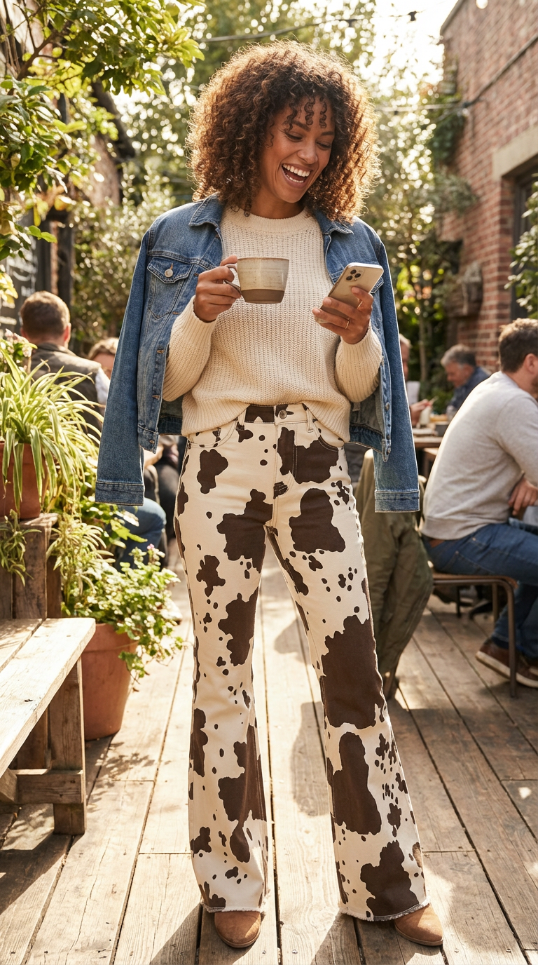 Woman in cow print JEANS holding a cup and phone outdoors.
