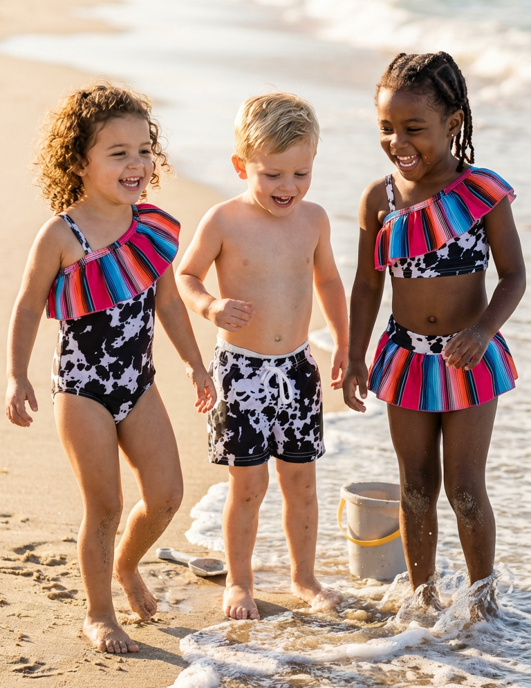 Three children inRAZELS MATCHING COWPRINT AND SERAPE SWIMSUITS standing on a beach with ocean waves.
