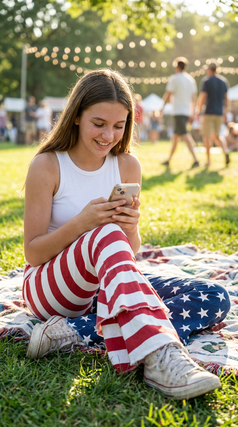TEEN sitting on a blanket in a park, using a phone WEARING A HITE TANK TOP AND RAZELS Girls American flag bell bottom jeans featuring a split stars-and-stripes design with one leg in navy star print and the other in red and white stripes. Made from stretch denim with a mid-rise fit, functional front and back pockets, and belt loops. Adjustable waistband with button and zipper closure for a better fit. Finished with a tiered ruffle bell bottom hem for added flare. Available in sizes 6–12M through 14/16.
