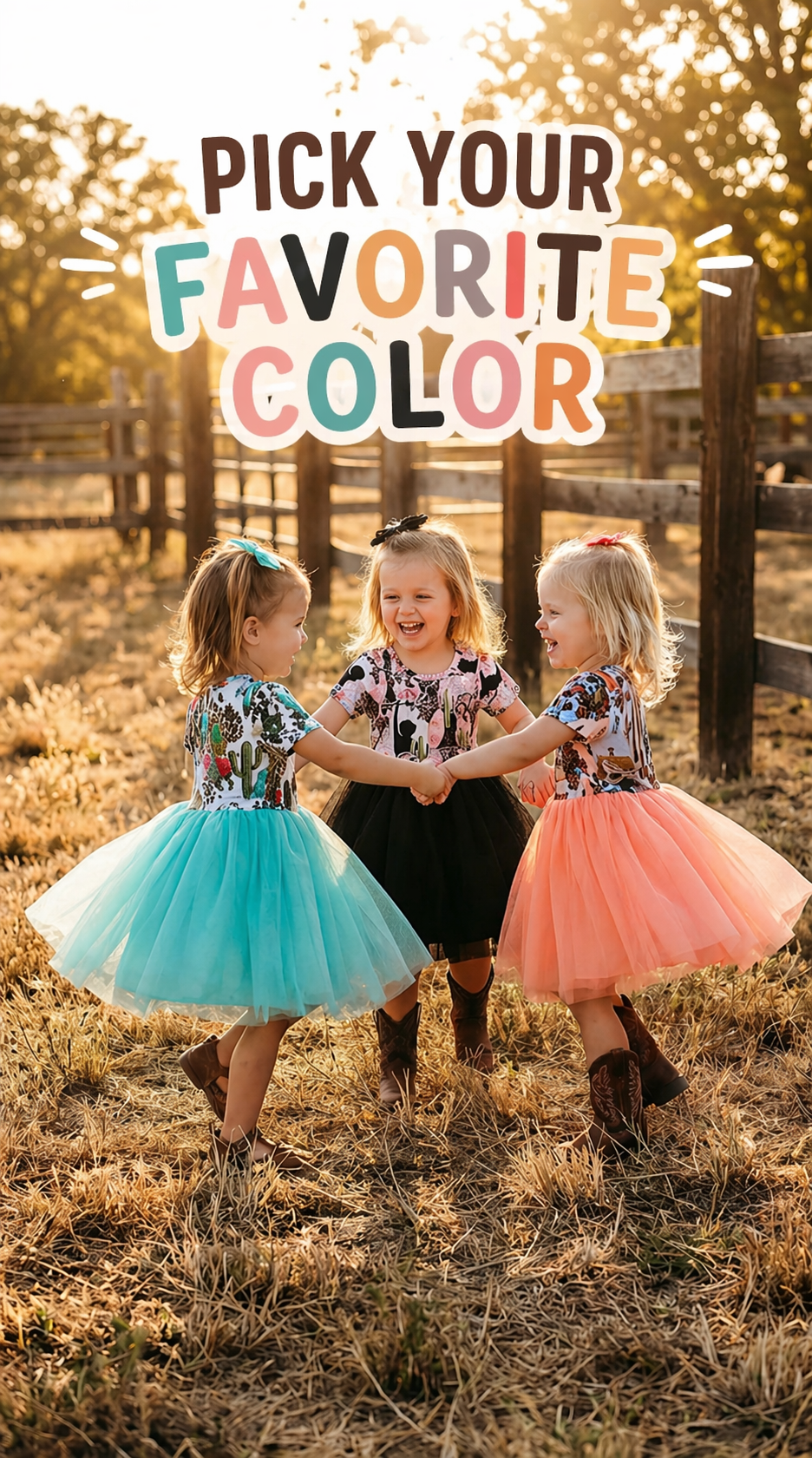 Three children in colorful WESTERN TUTU dresses standing in a field with text 'Pick Your Favorite Color'.