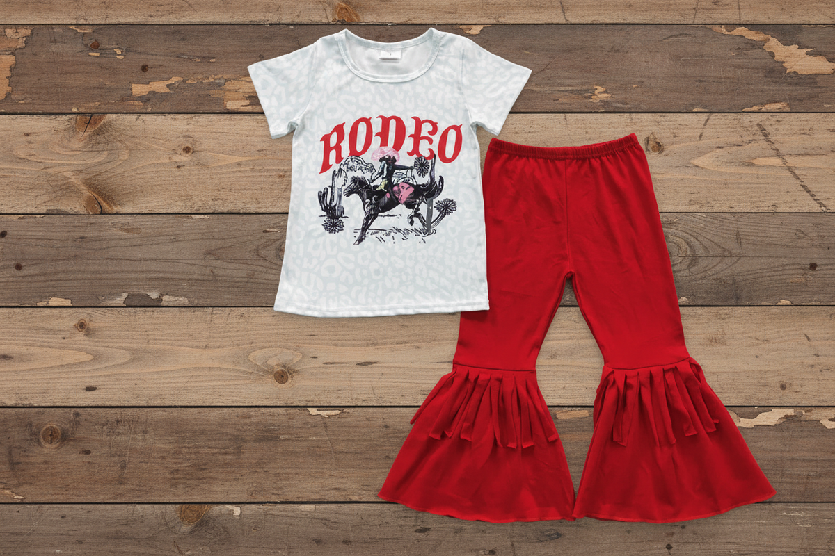 girls red rodeo outfit with red fringe belll bottoms A fun choice for the NFR, rodeo weekends, horse shows, Western events and everyday cowgirl style.