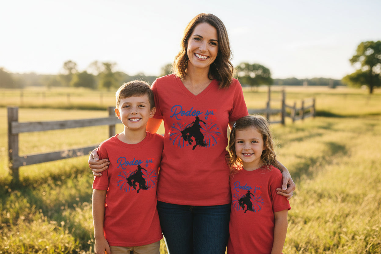 Rodeo Celebration V-Neck – Patriotic Bronc Rider Tee for the 4th of July
Get ready to rodeo into the Fourth of July with style! This unisex V-neck tee features our bold bronc silhouette blasting through red, white, and blue fireworks—bringing big Western energy to your Independence Day fun
✓ 100% lightweight cotton for all-day comfort
✓ Flattering retail fit with classic V-neckline
✓ Ethically produced and fair-labor certified
✓ Unisex sizing – great for everyone