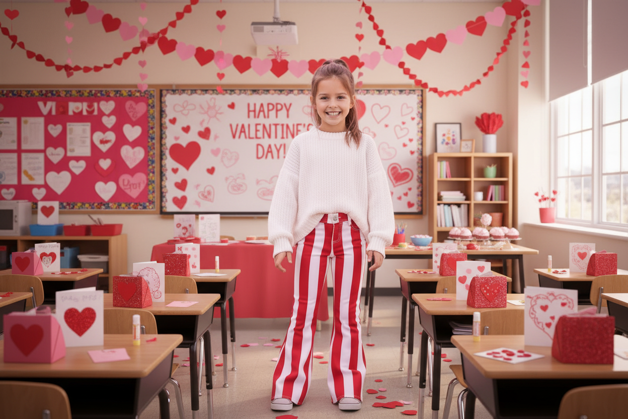 Girls Red & White Striped Bell Bottom Jeans