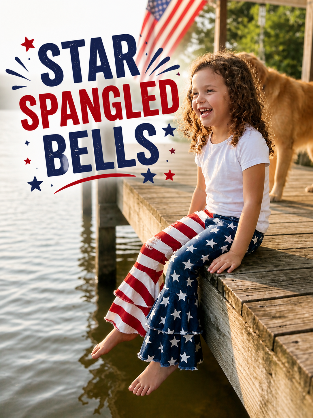 GIRL SITTING ON DOCK WEARING Girls American flag bell bottom jeans featuring a split stars-and-stripes design with one leg in navy star print and the other in red and white stripes. Made from stretch denim with a mid-rise fit, functional front and back pockets, and belt loops. Adjustable waistband with button and zipper closure for a better fit. Finished with a tiered ruffle bell bottom hem for added flare. Available in sizes 6–12M through 14/16.