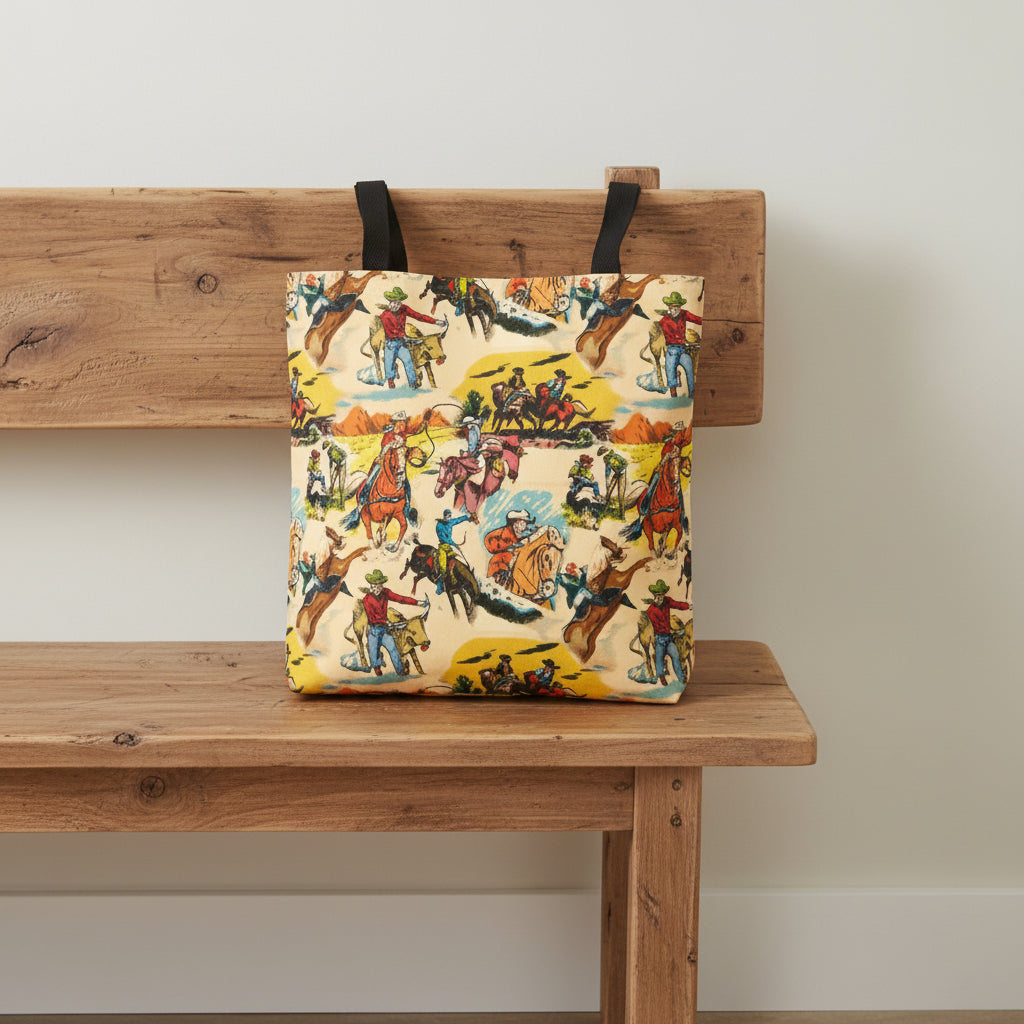 RETRO COWBOY TOTE BAG SITTING ON WOODEN BENCH