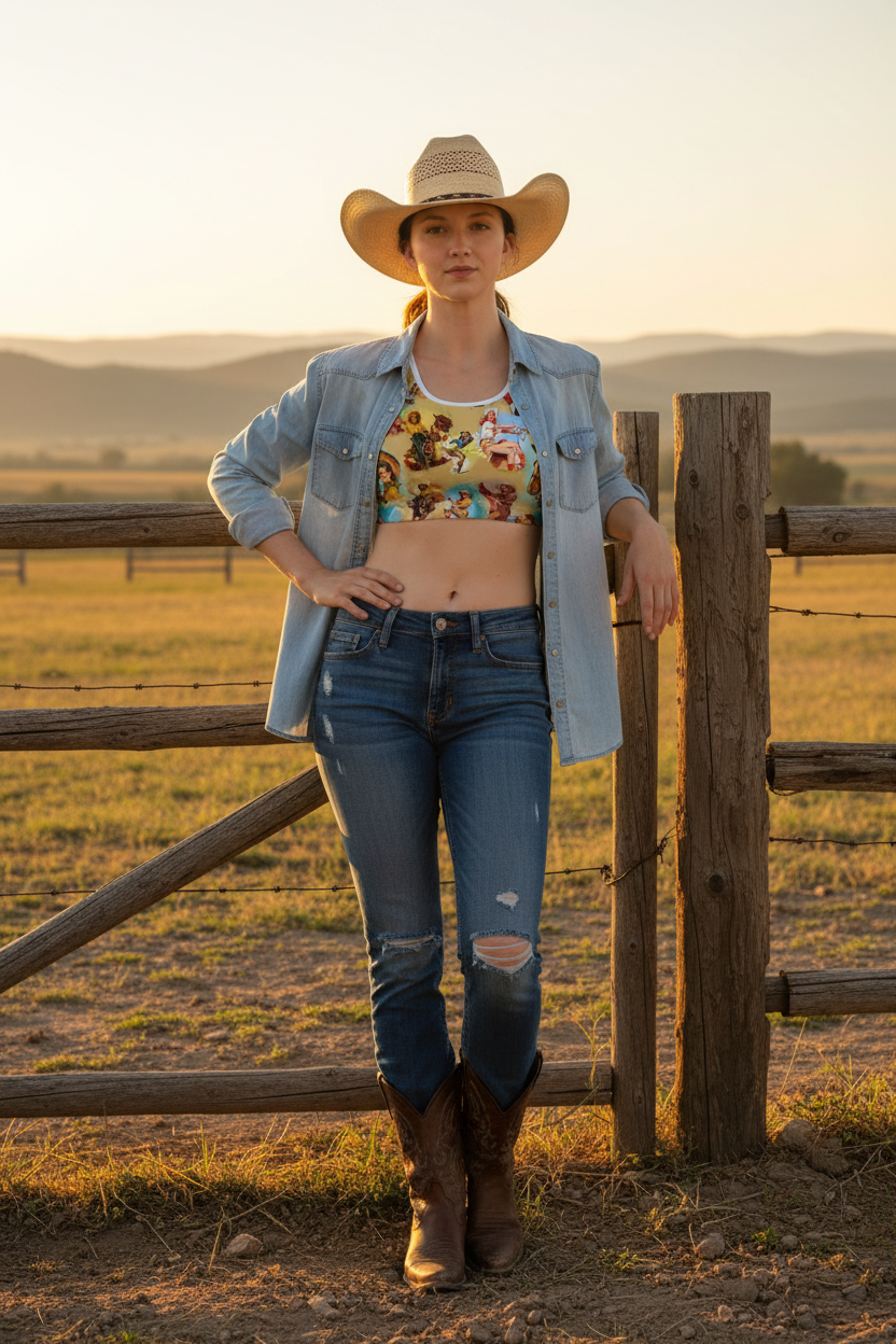 Woman wearing a RETRO COWGIRL SPORTS BRA with denim shirt and jeans