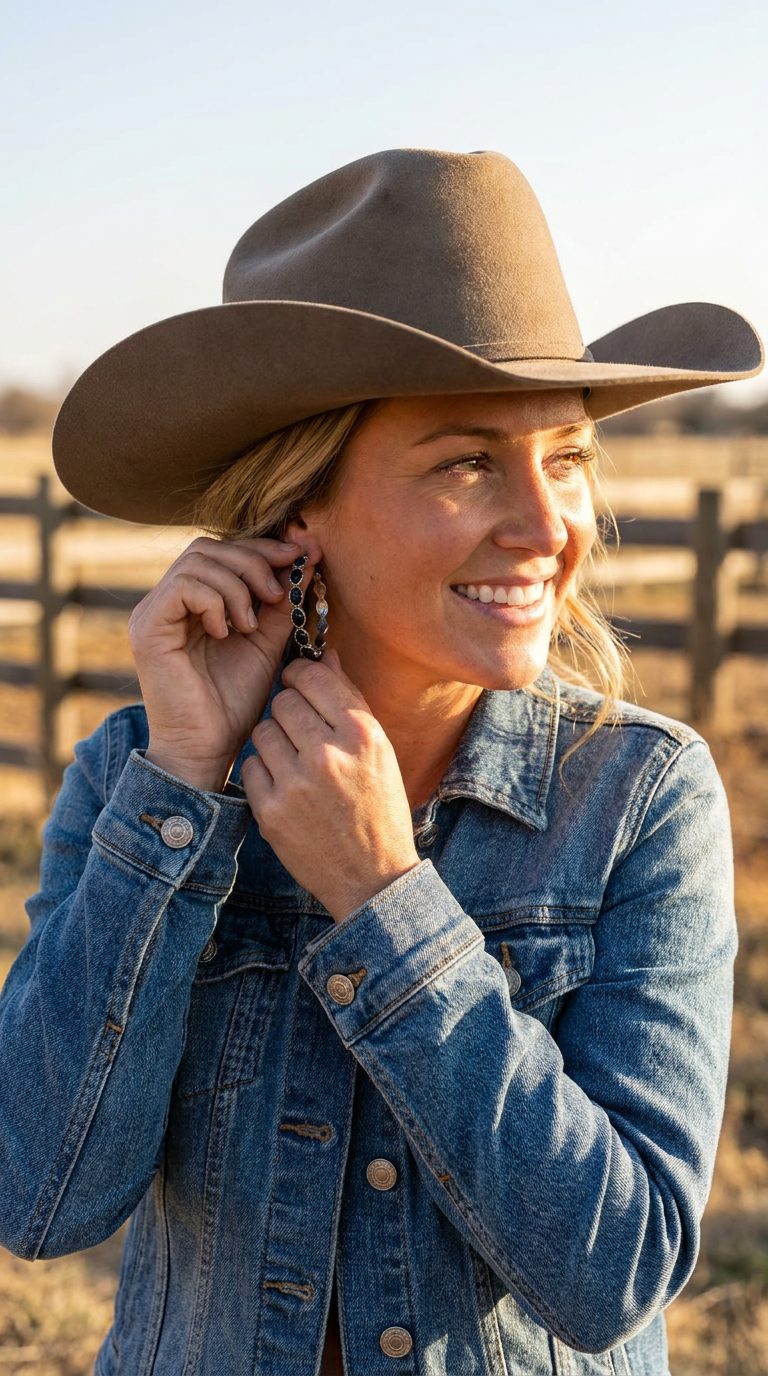 A smiling woman outdoors wearing a brown cowboy hat and a blue denim jacket, adjusting Razels Black Stone Hoop Western Earring. The background shows a blurred fence and warm natural light
