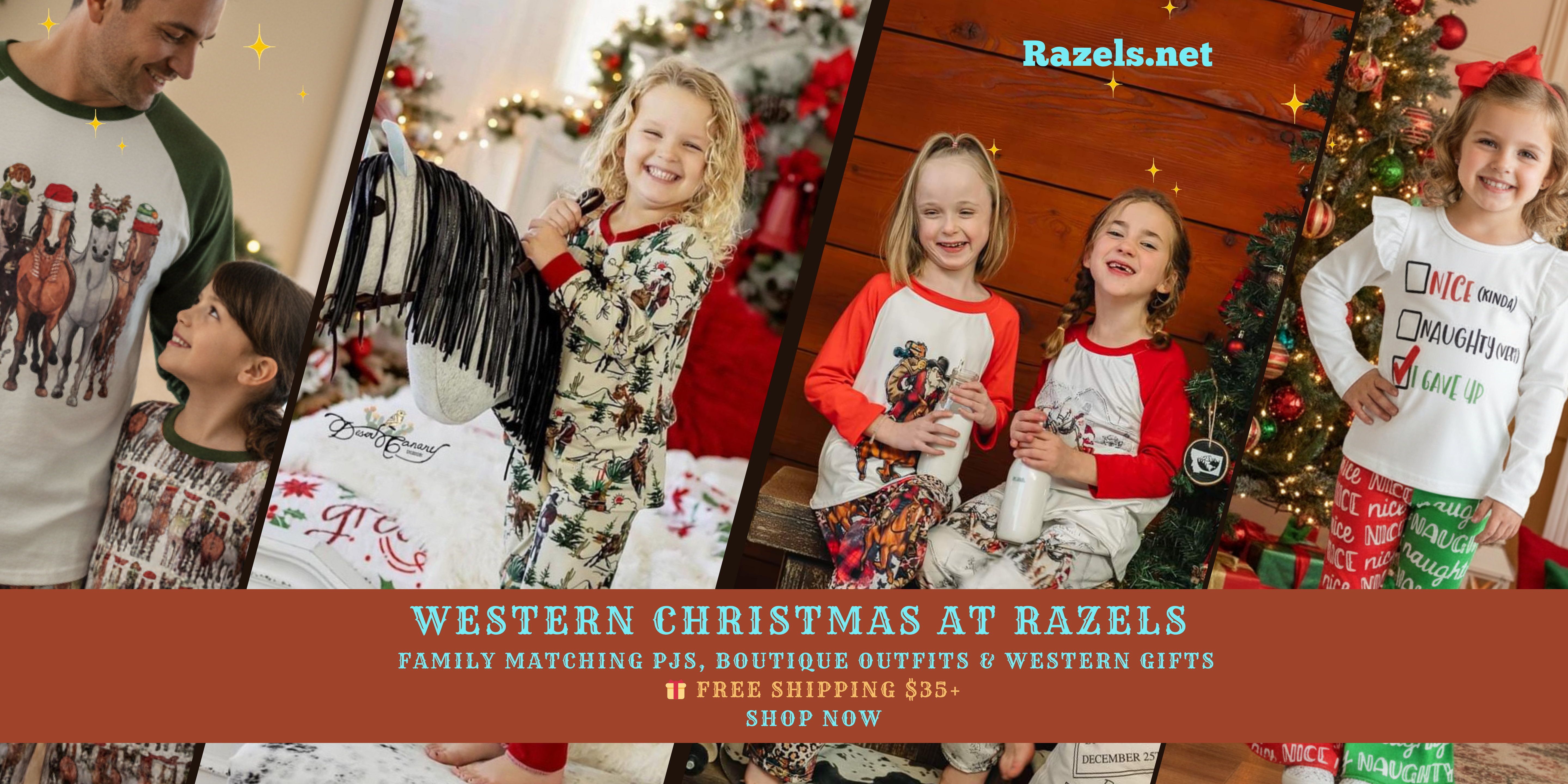 Promotional image for western-themed Christmas outfits with children and family, featuring Razels.net branding. Free Shipping $35+. Unique western pajamas and outfits