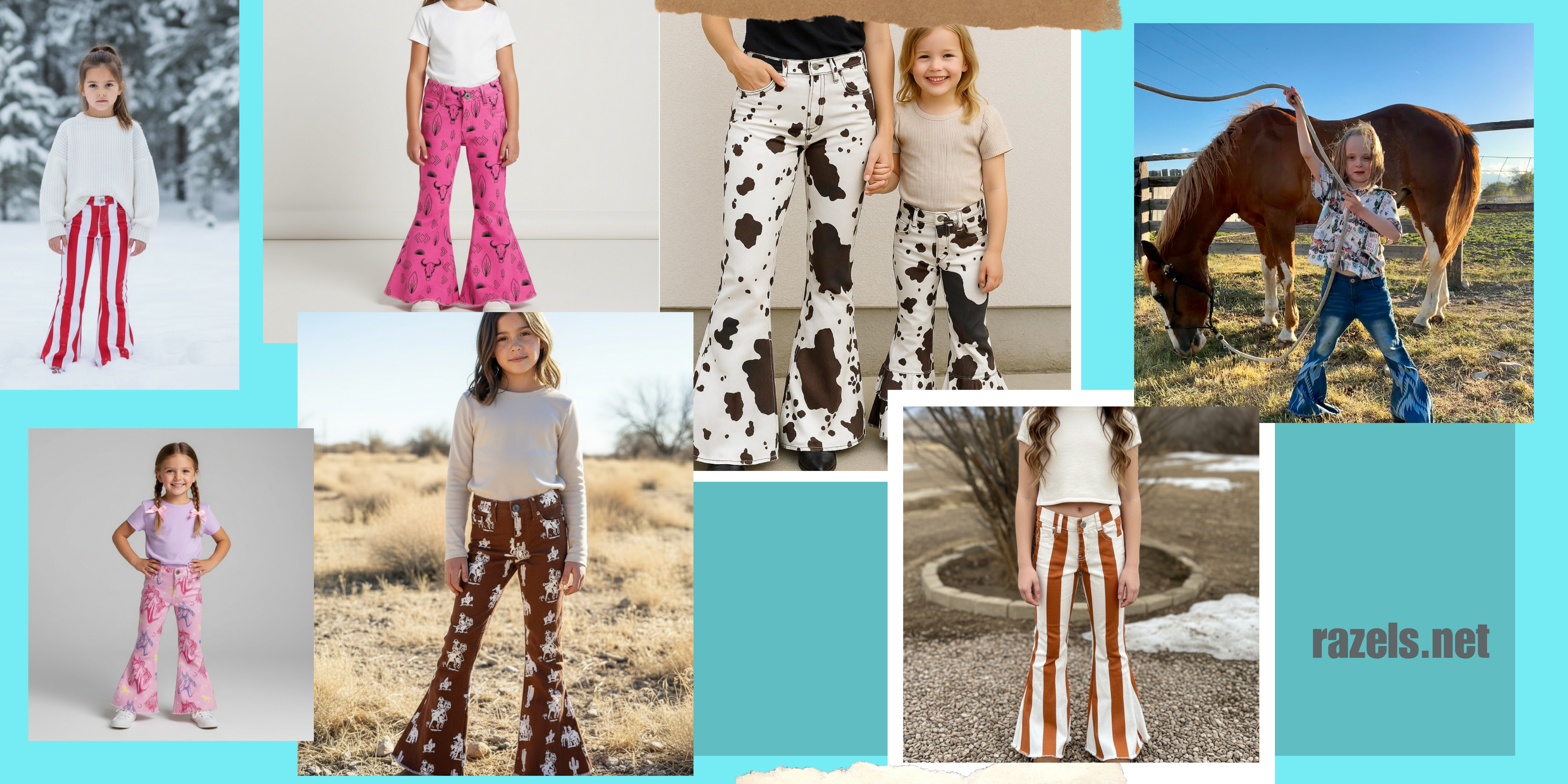Collage of children wearing bell bottom jeans in various patterns including cowprint, stipes cowboy motif, southwestern and more pants in various settings with 'razels.net' branding.